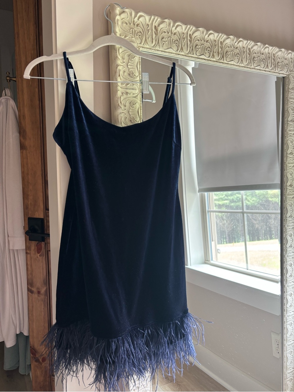 B Darlin Navy Velvet Mini Dress with Feather Trim
